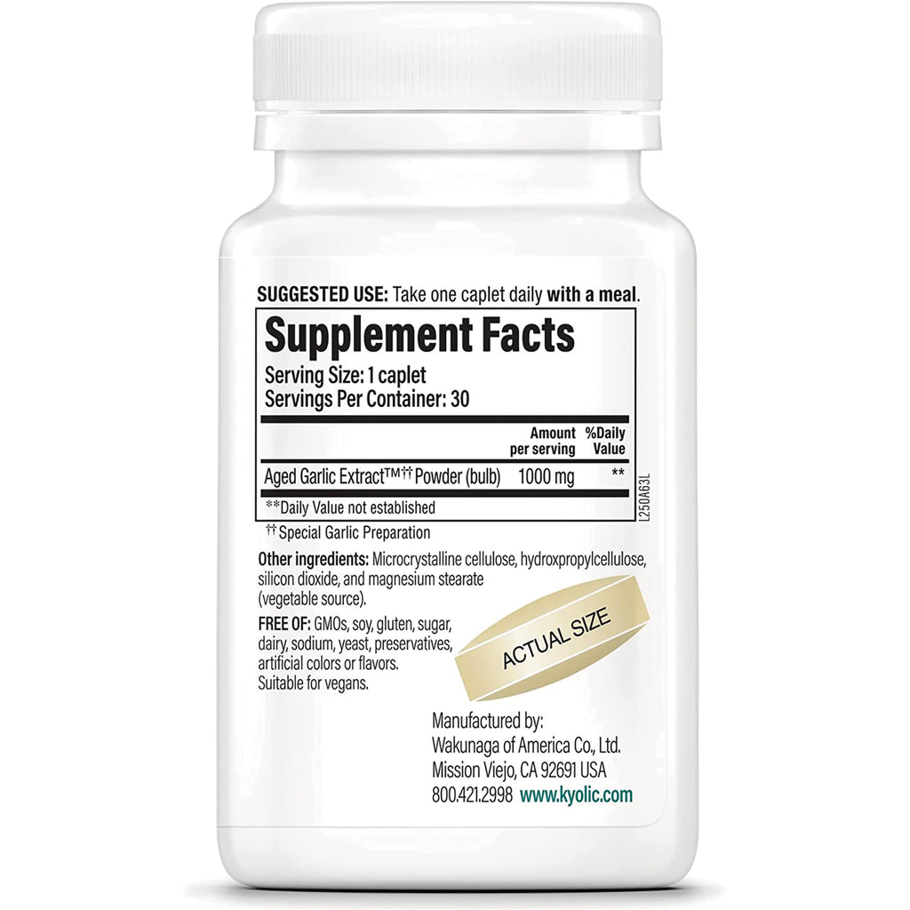 KY103 | back label showing Supplement Facts panel with serving size 1 caplet, Aged Garlic Extract 1000 mg, other ingredients and actual size graphic - Thumbnail