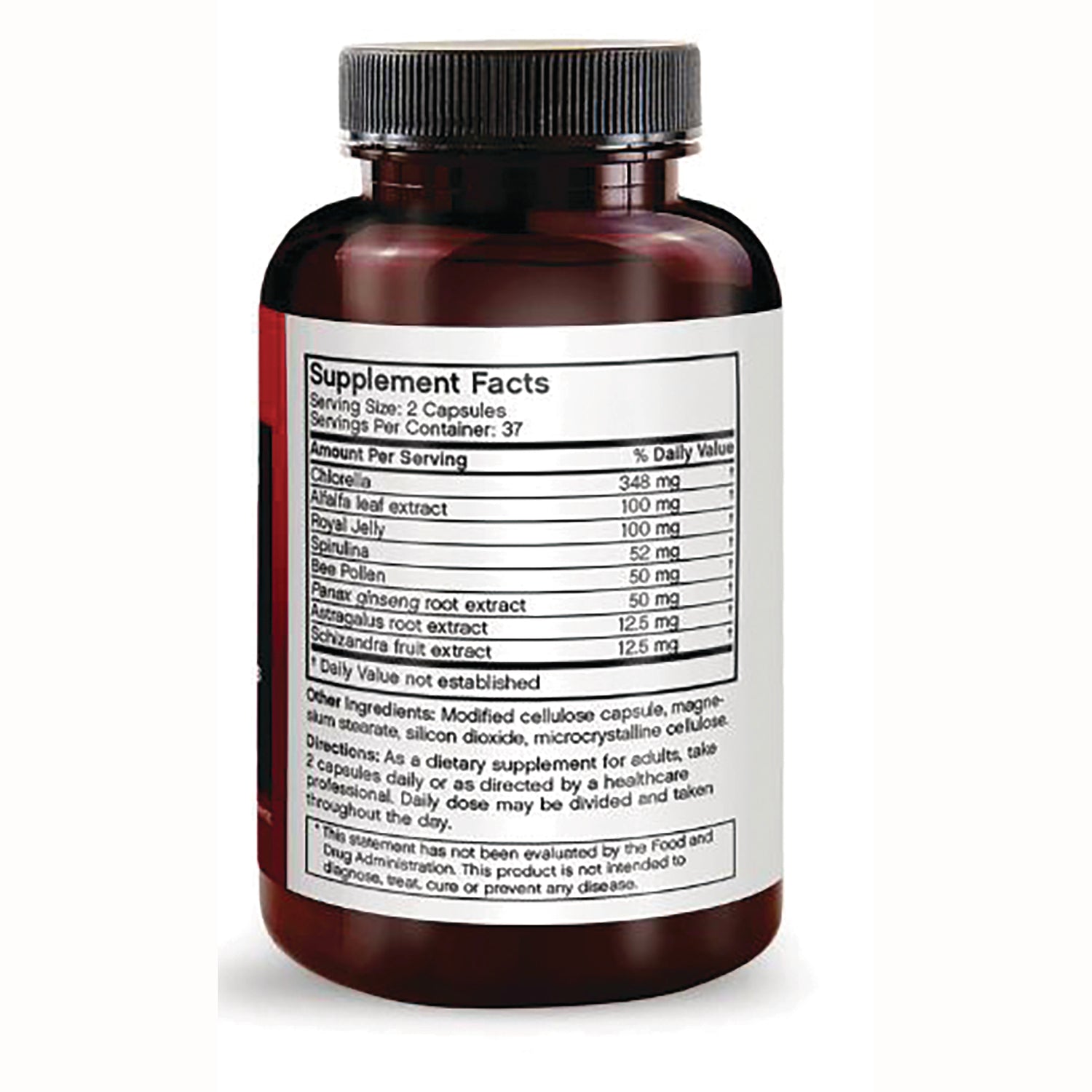 FB078 | back of brown supplement bottle showing Supplement Facts table and ingredient text