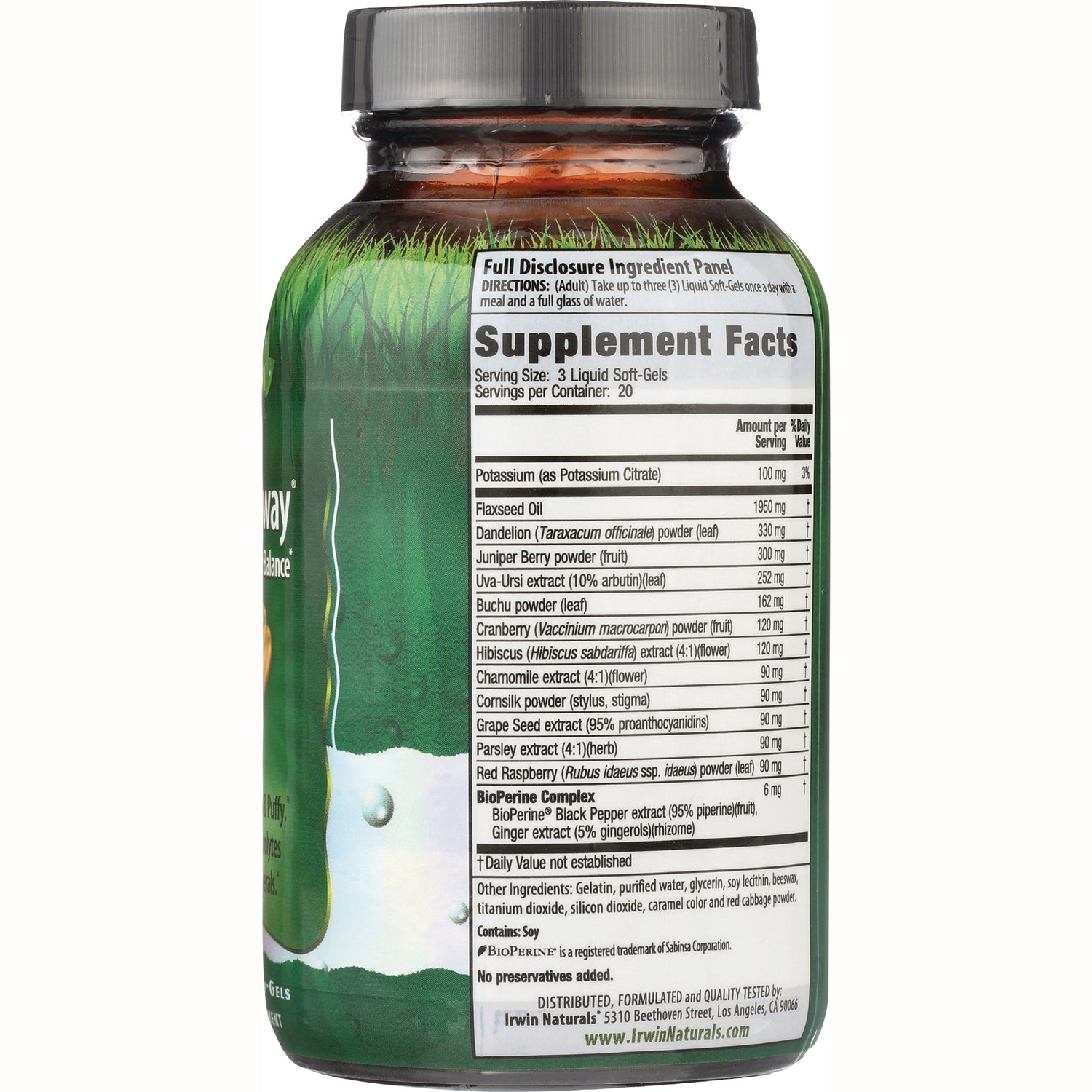 IR085 | bottle back showing Supplement Facts panel and ingredient list on green label