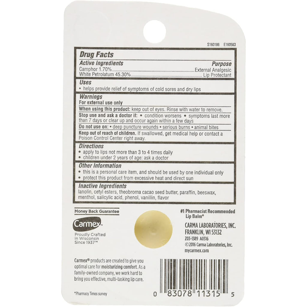 CRM007 | back of Carmex lip balm card showing Drug Facts, ingredients, circular balm sample and barcode - Thumbnail