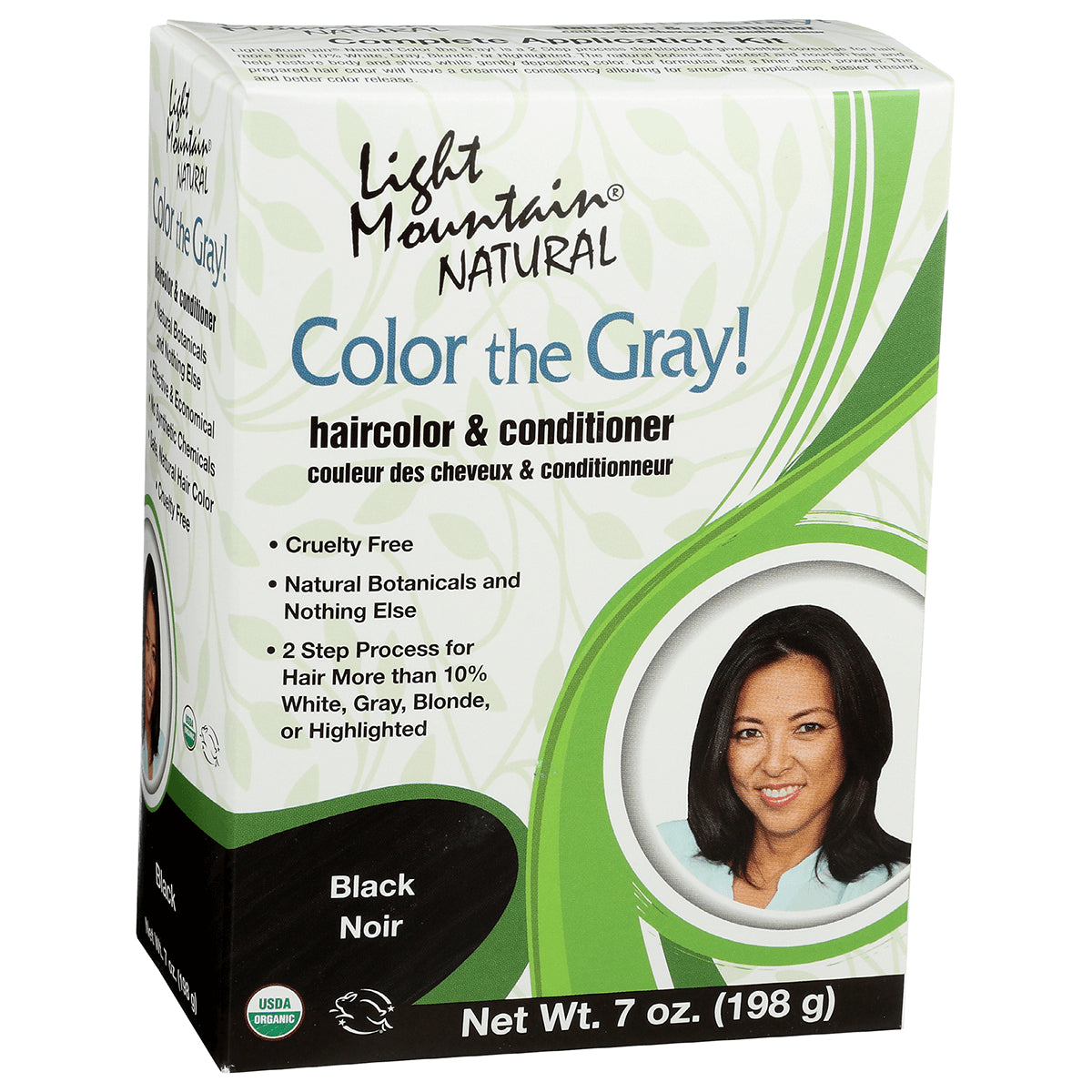 LTM008 | Light Mountain Natural Color the Gray haircolor & conditioner box, Black shade, front packaging with woman's portrait