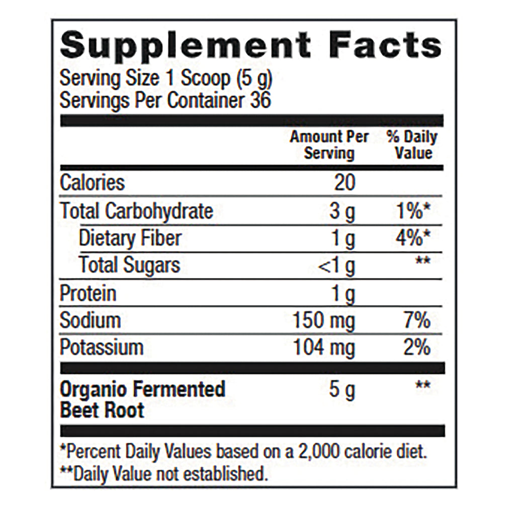 PFU032 | Supplement Facts label: Serving Size 1 Scoop (5 g), Calories 20, Total Carb 3 g, Sodium 150 mg, Organio Fermented Beet Root 5 g - Thumbnail