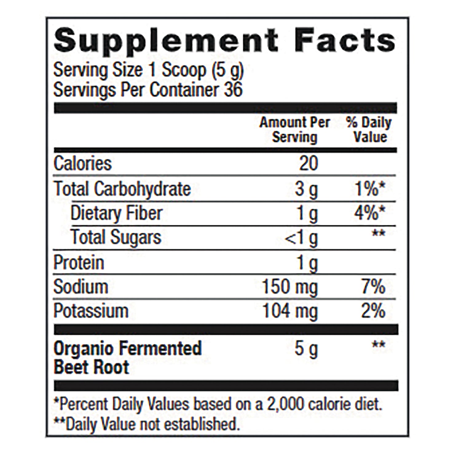 PFU032 | Supplement Facts label: Serving Size 1 Scoop (5 g), Calories 20, Total Carb 3 g, Sodium 150 mg, Organio Fermented Beet Root 5 g