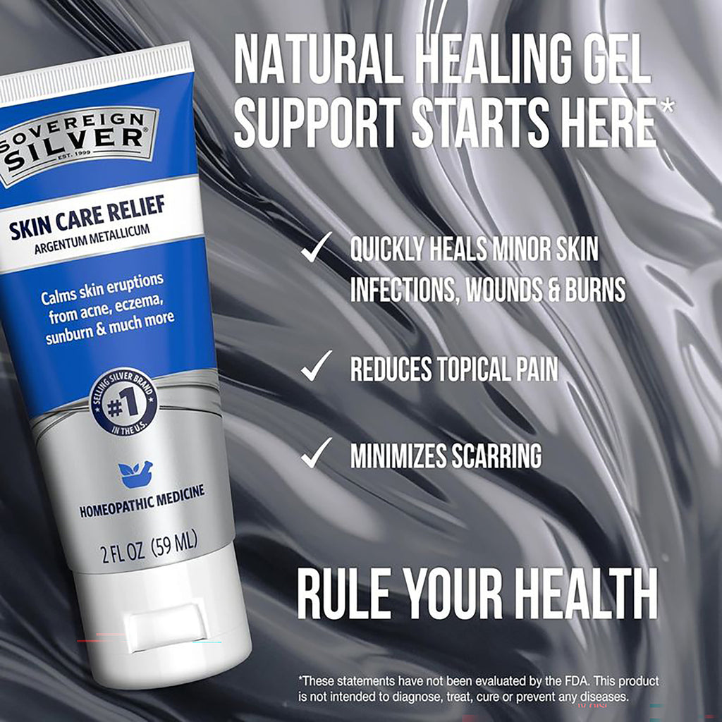 SSL015 | Product infographic for Sovereign Silver Skin Care Relief Natural Healing Gel with benefits and claims - Thumbnail