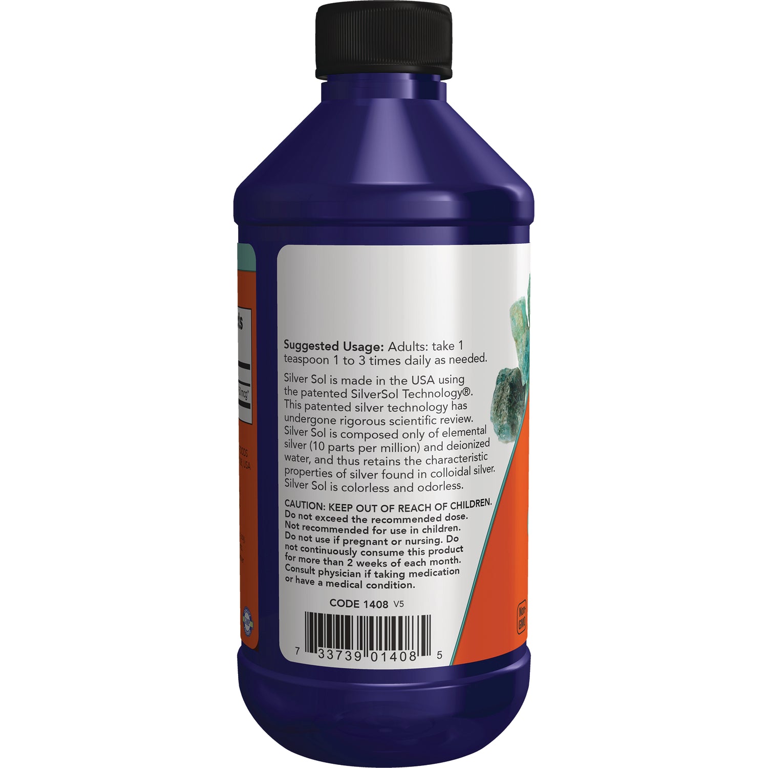 NWF1062 | Back label of dark blue bottle showing suggested usage, caution text and barcode