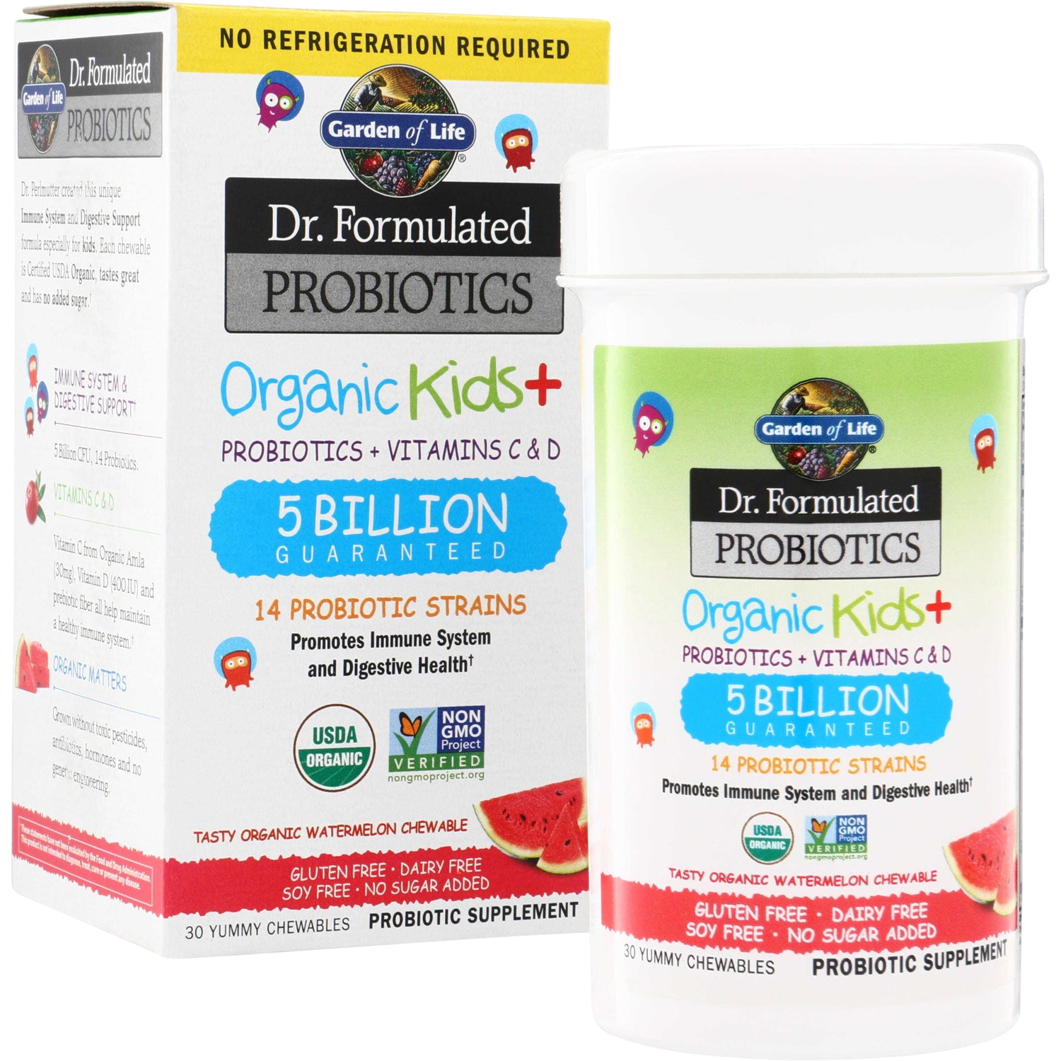 GLF385 | Garden of Life Dr. Formulated Probiotics Organic Kids+ chewables, 5 Billion guaranteed, Watermelon