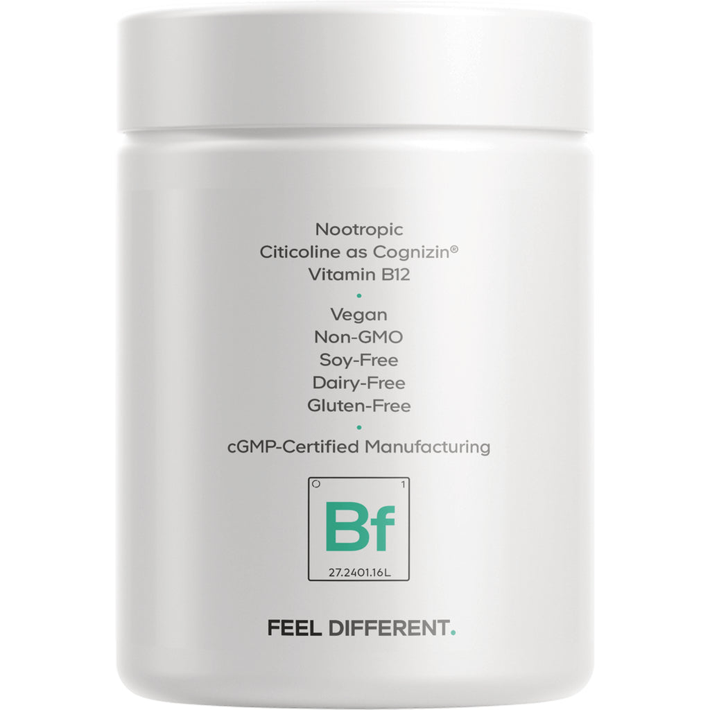 CDG032 | Back label of white supplement jar listing Nootropic, Citicoline as Cognizin, Vitamin B12, Vegan, Non-GMO, Soy-Free, Dairy-Free, Gluten-Free, cGMP-certified manufacturing and FEEL DIFFERENT - Thumbnail