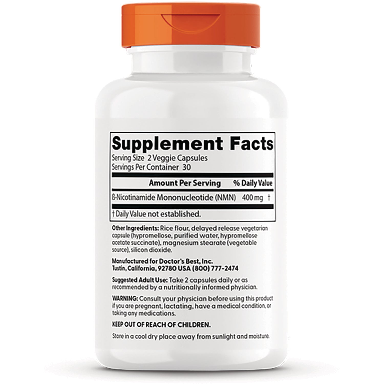 DB287 | back label of white supplement bottle showing Supplement Facts, serving size 2 veggie capsules, NMN 400 mg, ingredients and warnings