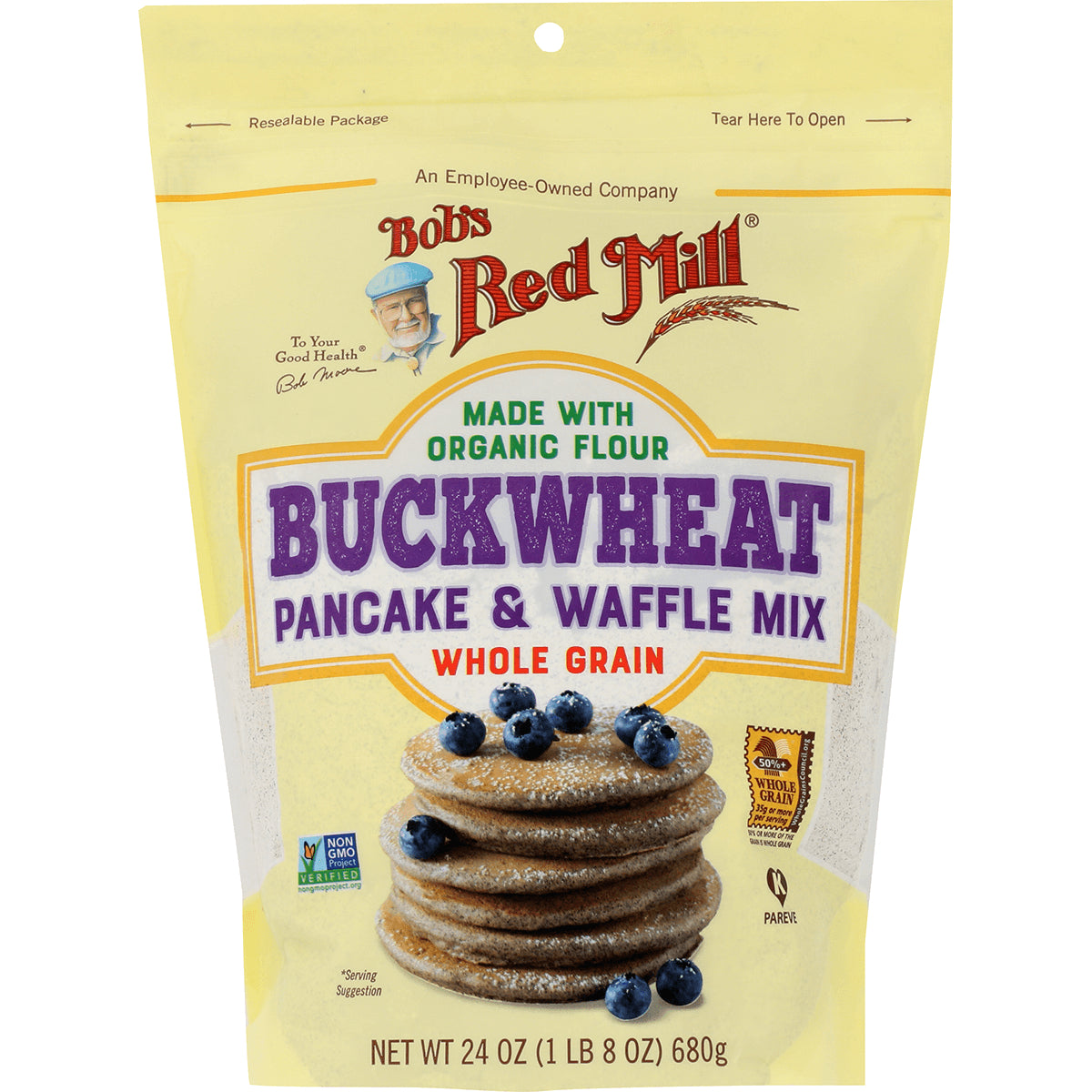BOB332 | Bob's Red Mill Buckwheat pancake & waffle mix bag labeled whole grain with stacked pancakes topped with blueberries