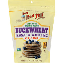 BOB332 | Bob's Red Mill Buckwheat pancake & waffle mix bag labeled whole grain with stacked pancakes topped with blueberries