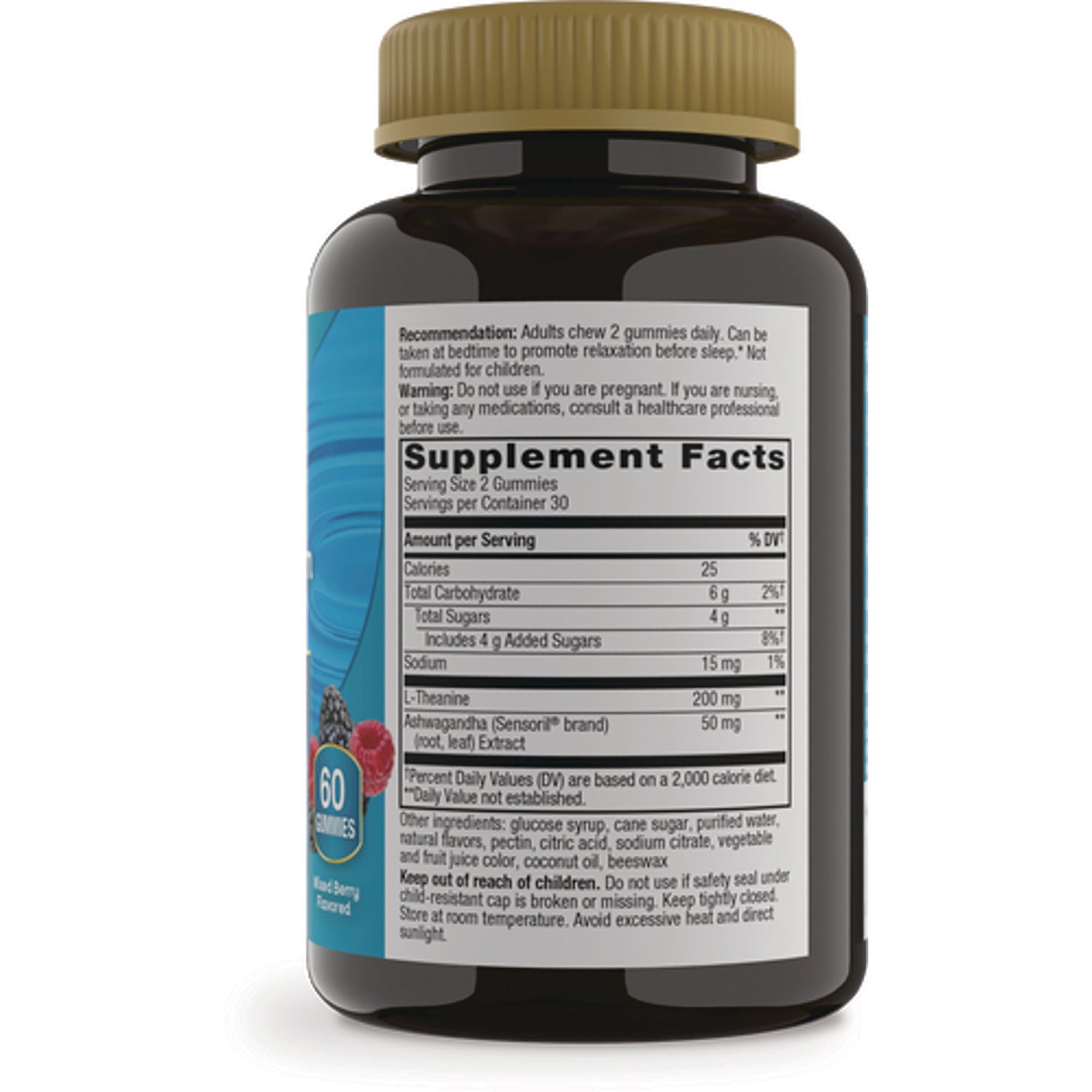 NW1059 | Back of dark supplement bottle showing Supplement Facts panel, directions and 60 gummies icon