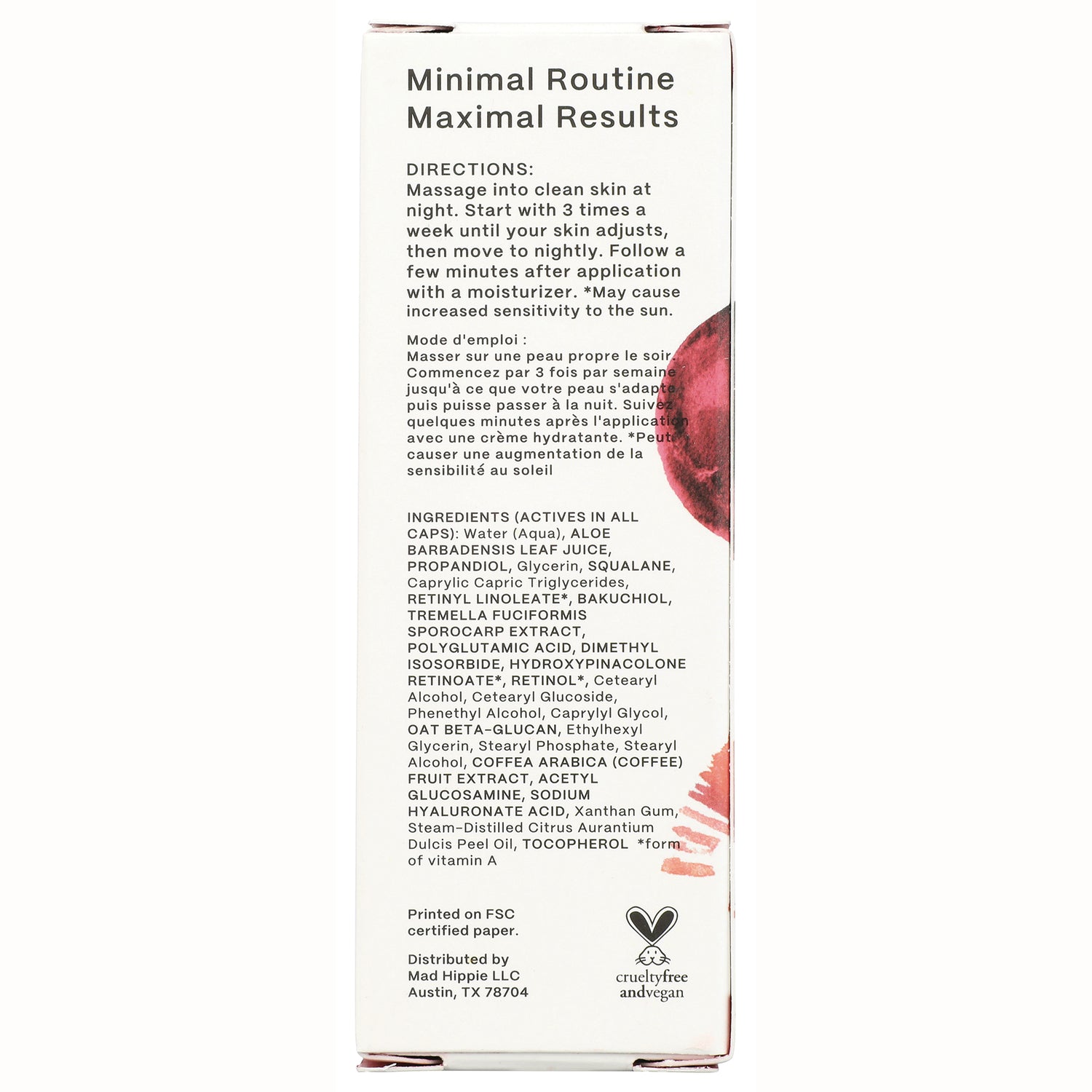 HIP007 | Back of skincare box showing Minimal Routine Maximal Results, directions and ingredient list