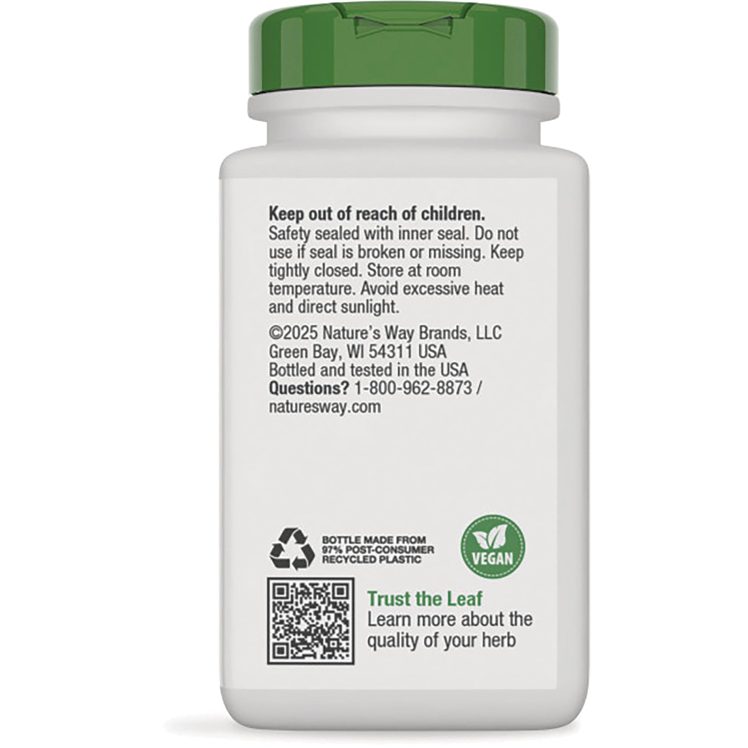 NW173 | Back label of white supplement bottle showing safety text, recycling symbol, vegan icon, and QR code
