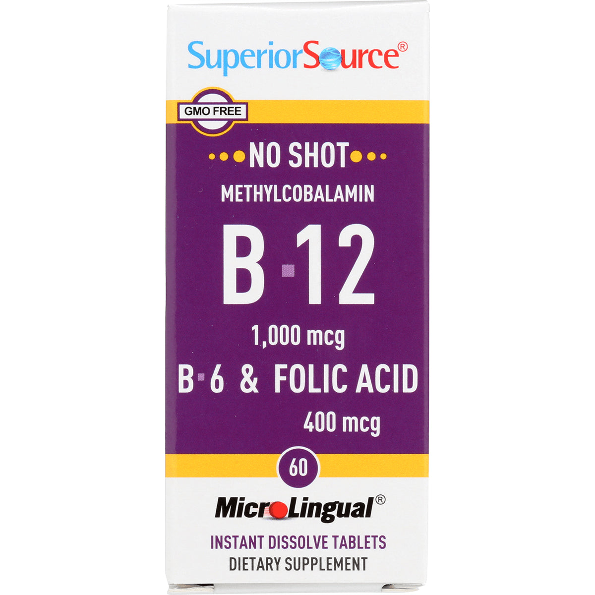 SUS006 | Superior Source MicroLingual B-12 1000 mcg with B-6 and folic acid 400 mcg, 60 instant dissolve tablets front