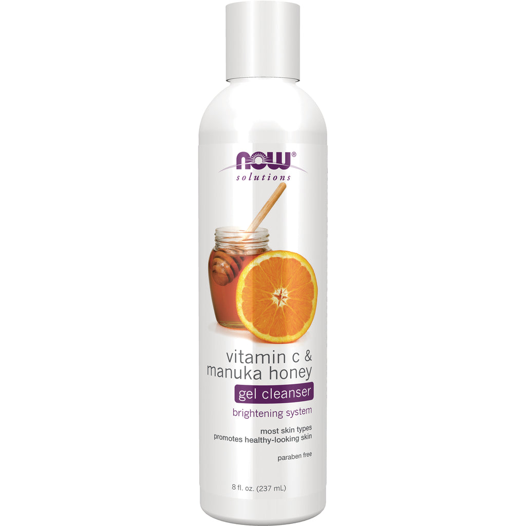 NWF973 | NOW Solutions vitamin C & manuka honey gel cleanser bottle showing orange slice and honey jar on label - Thumbnail