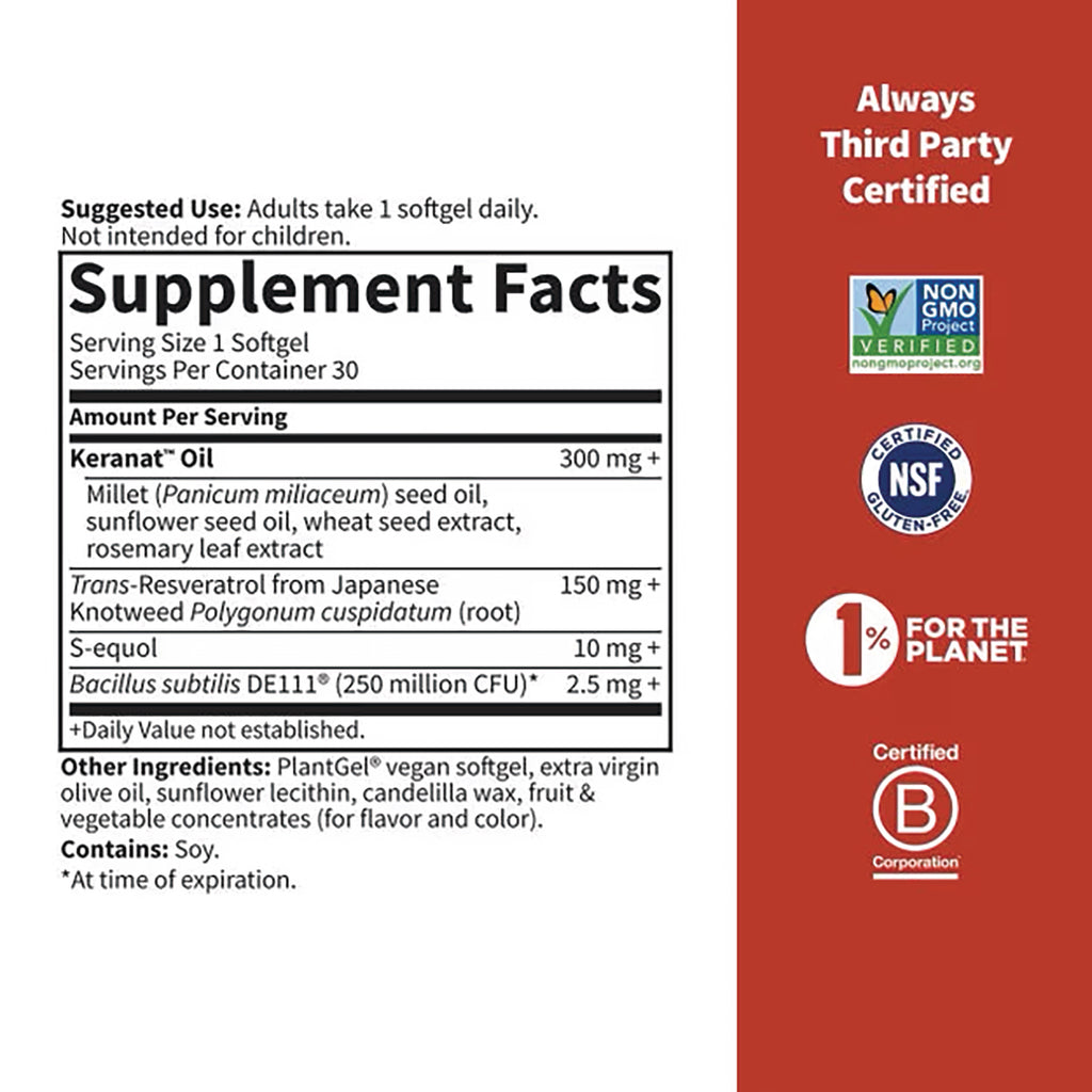 GLF391 | Supplement Facts label showing serving size, Keranat Oil 300 mg, other ingredients and certification logos - Thumbnail