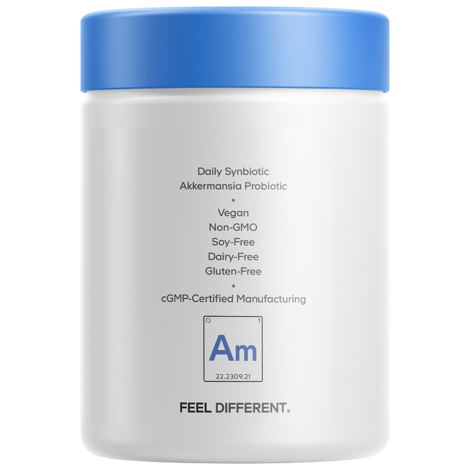 CDG001 | Back label of white jar: Daily Synbiotic Akkermansia Probiotic 3-Month Supply; Vegan, Non-GMO, Soy-Free, Dairy-Free, Gluten-Free, cGMP