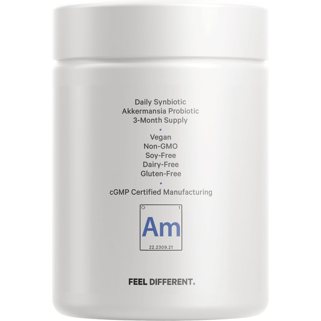 CDG001 | Back label of white jar: Daily Synbiotic Akkermansia Probiotic 3-Month Supply; Vegan, Non-GMO, Soy-Free, Dairy-Free, Gluten-Free, cGMP - Thumbnail