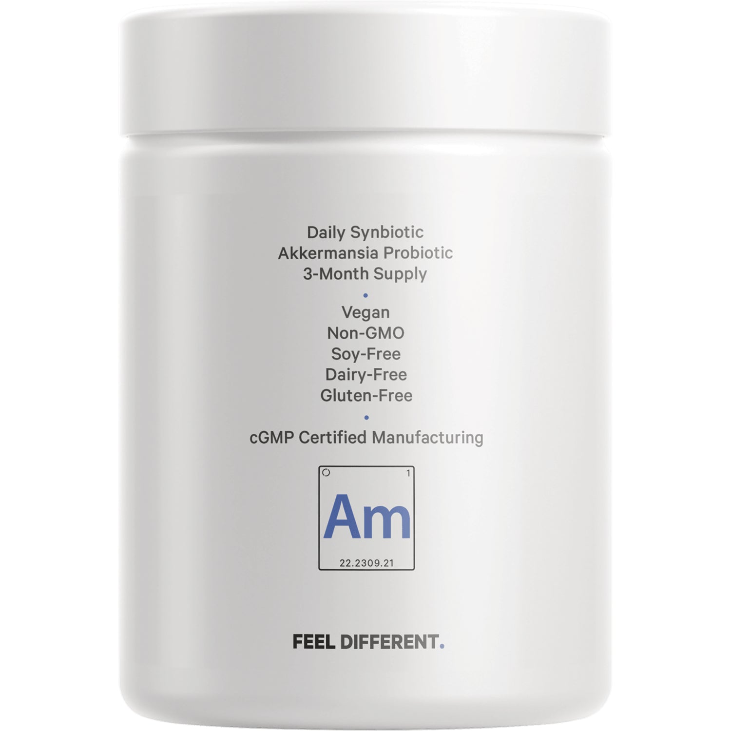 CDG001 | Back label of white jar: Daily Synbiotic Akkermansia Probiotic 3-Month Supply; Vegan, Non-GMO, Soy-Free, Dairy-Free, Gluten-Free, cGMP