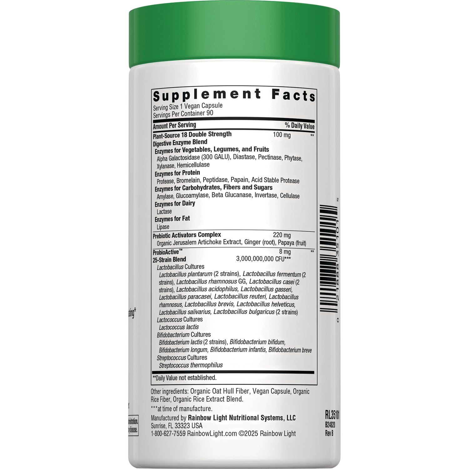 RBL168 | Back of white supplement bottle showing Supplement Facts panel, ingredient list, and barcode
