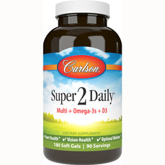 CSN182 | Carlson Super 2 Daily multi + Omega-3s + D3 dietary supplement bottle, 180 soft gels front label