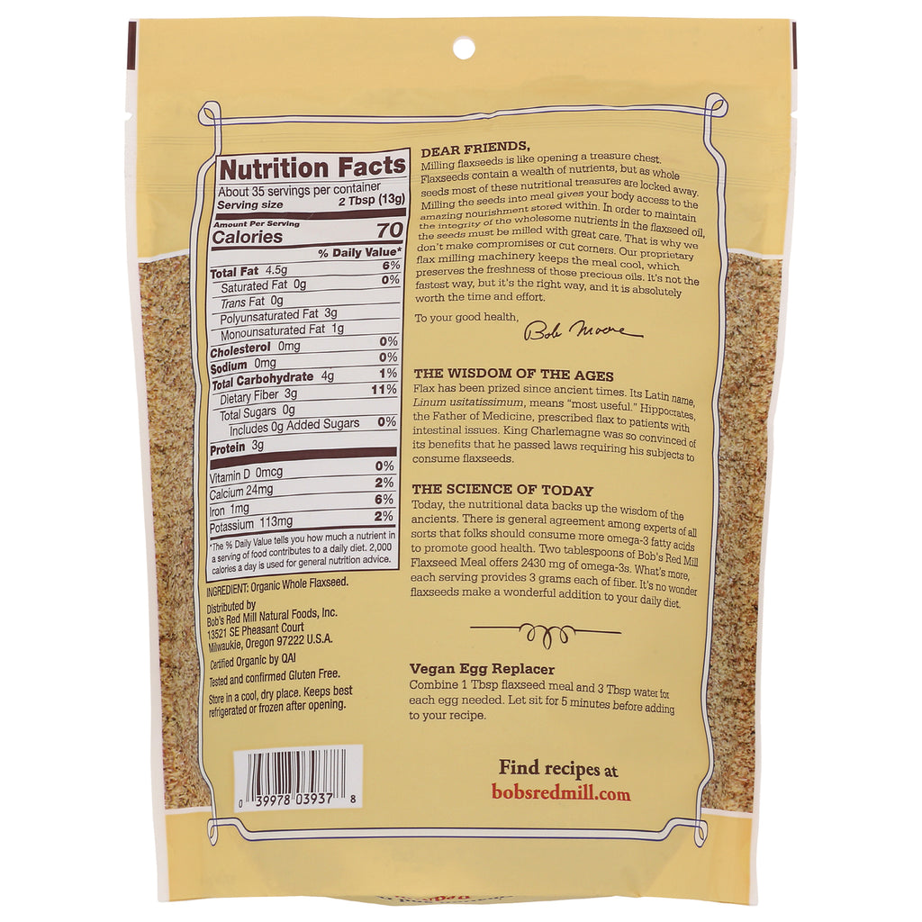 BOB253 | Back of beige packaged flaxseed bag showing Nutrition Facts panel, ingredient text, and vegan egg replacer instructions - Thumbnail