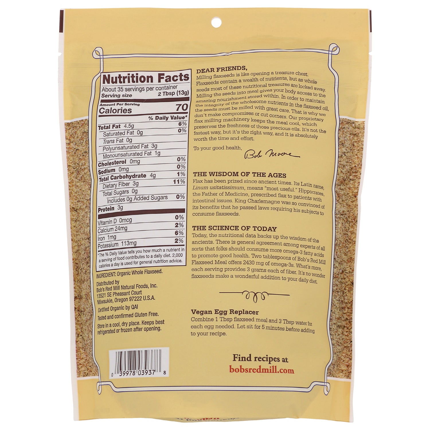 BOB253 | Back of beige packaged flaxseed bag showing Nutrition Facts panel, ingredient text, and vegan egg replacer instructions