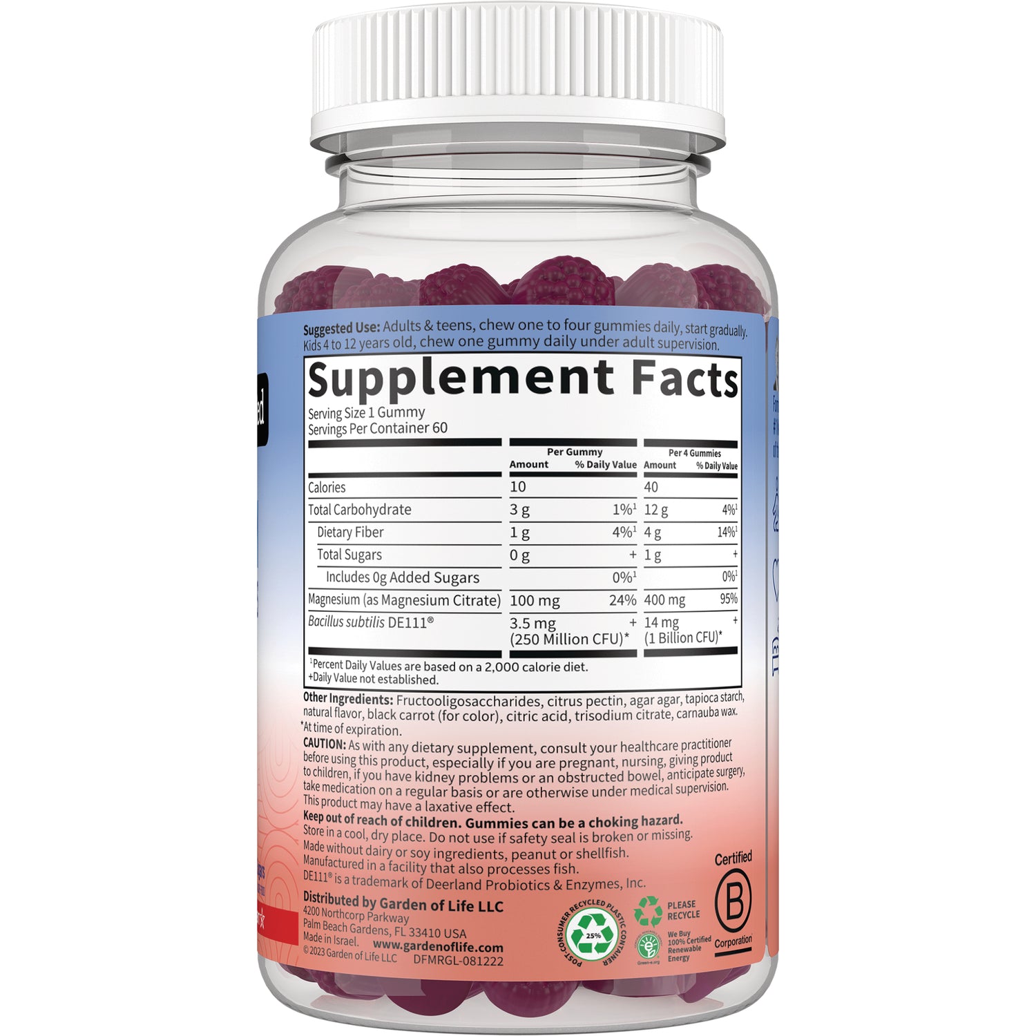 GLF349 | back label showing Supplement Facts panel, ingredient list, and warnings on a gummy supplement bottle