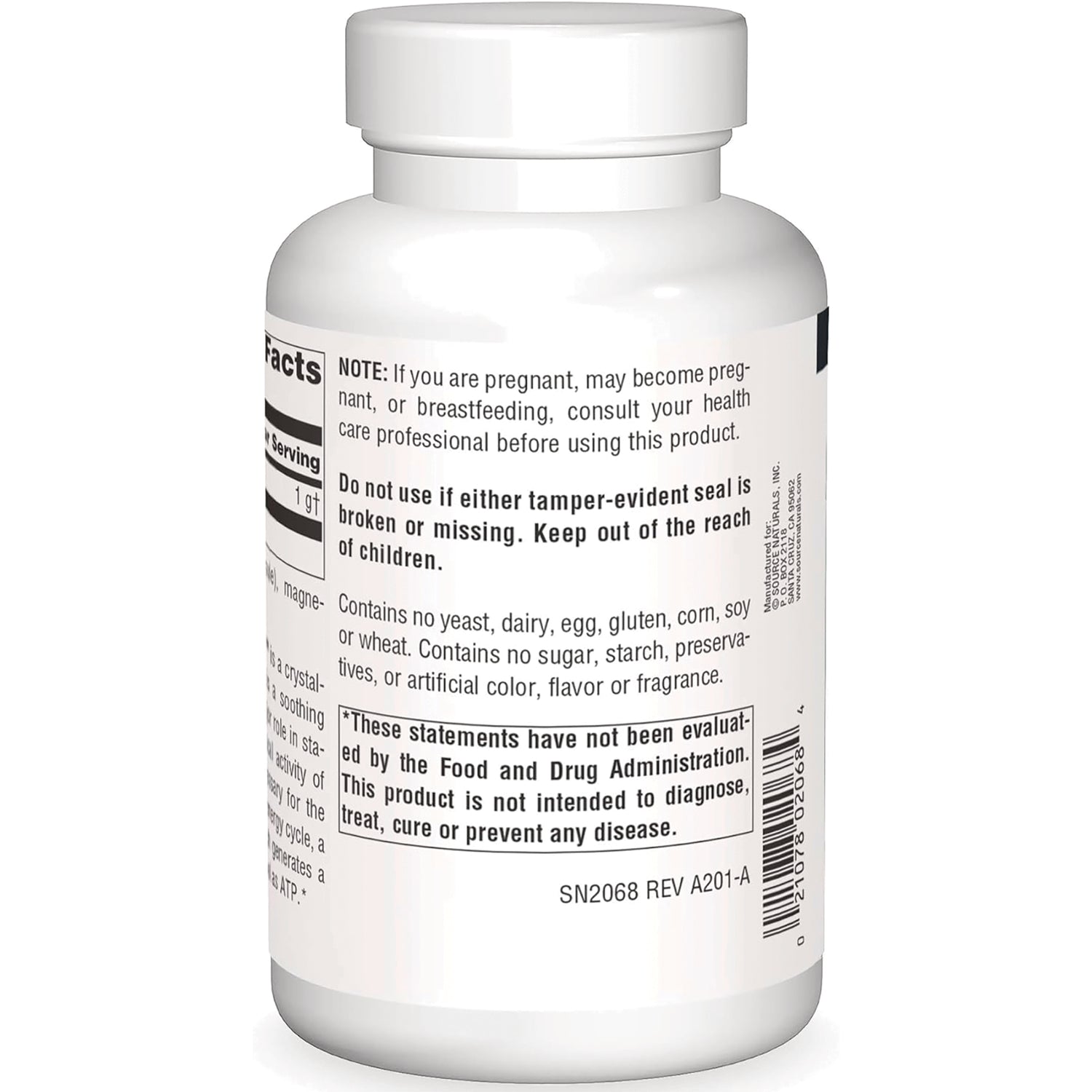SN781 | Back label with supplement facts, warnings, and barcode