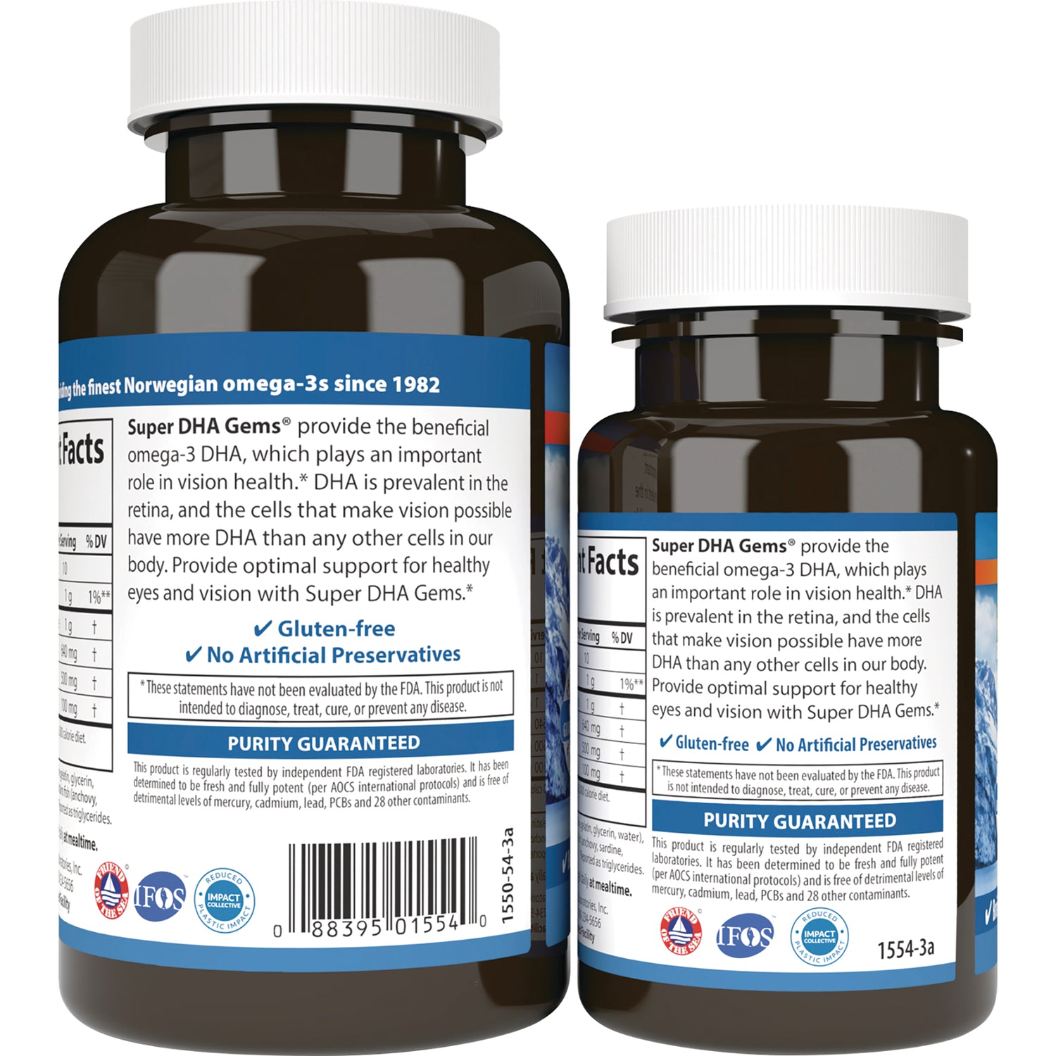 CSN215 | back labels of two brown supplement bottles showing facts panels, purity guaranteed, gluten-free claim and barcode