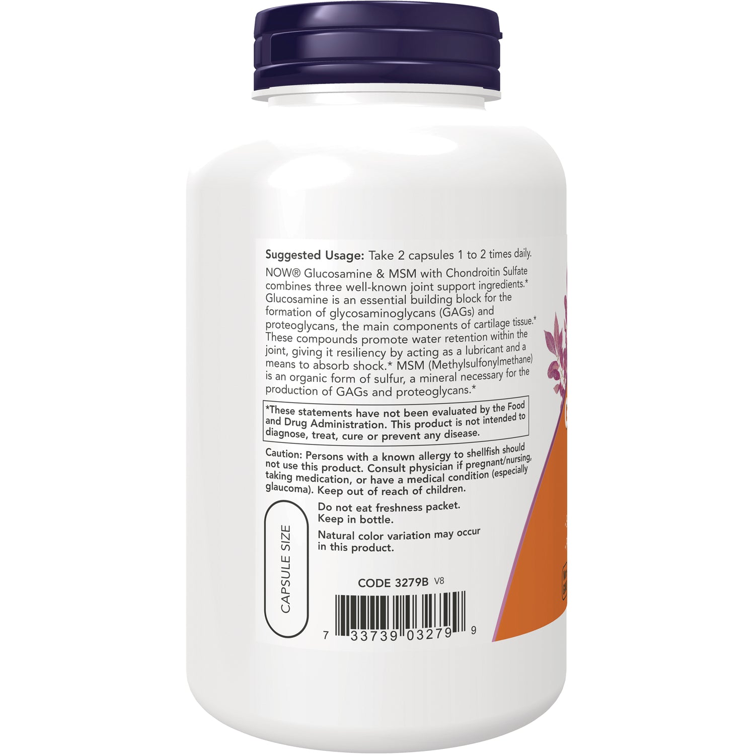 NWF050 | Back label of white supplement bottle showing suggested usage, caution text, capsule size oval, and barcode