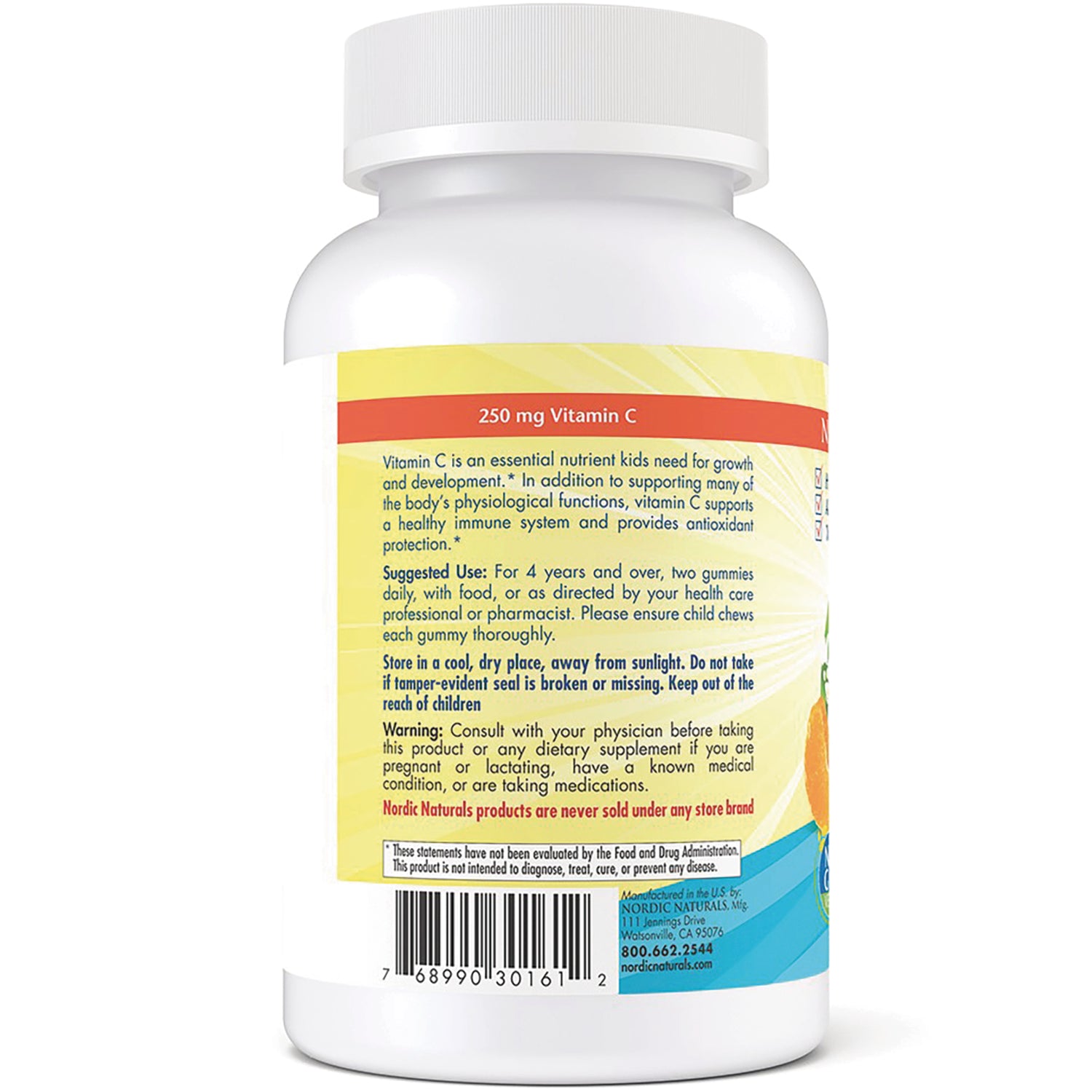 NRN117 | back label of white supplement bottle showing 250 mg Vitamin C text, usage directions and barcode