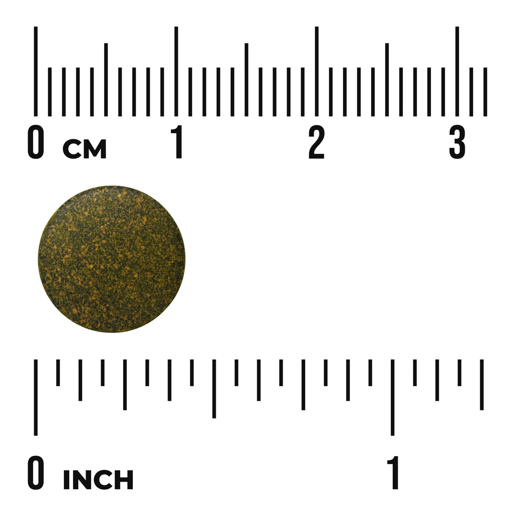 SWK006 | Round green speckled tablet shown with rulers in cm and inches to indicate size - Thumbnail
