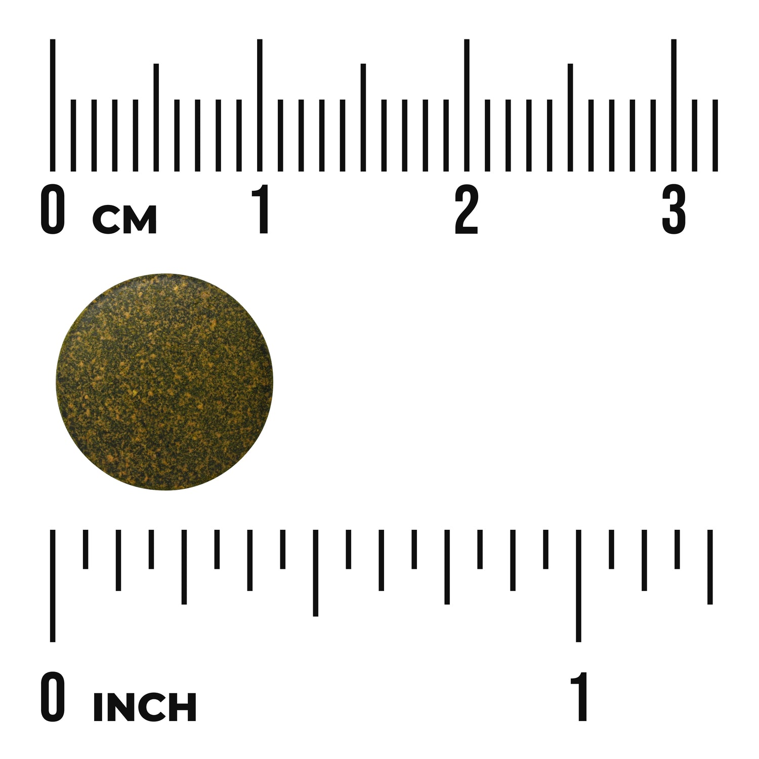 SWK006 | Round green speckled tablet shown with rulers in cm and inches to indicate size