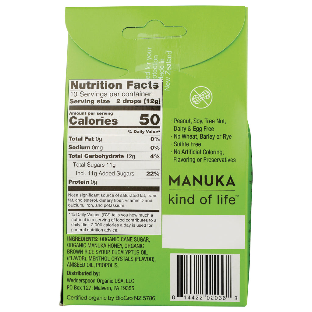 WED027 | Back panel with Nutrition Facts, ingredients, barcode, and MANUKA kind of life text - Thumbnail