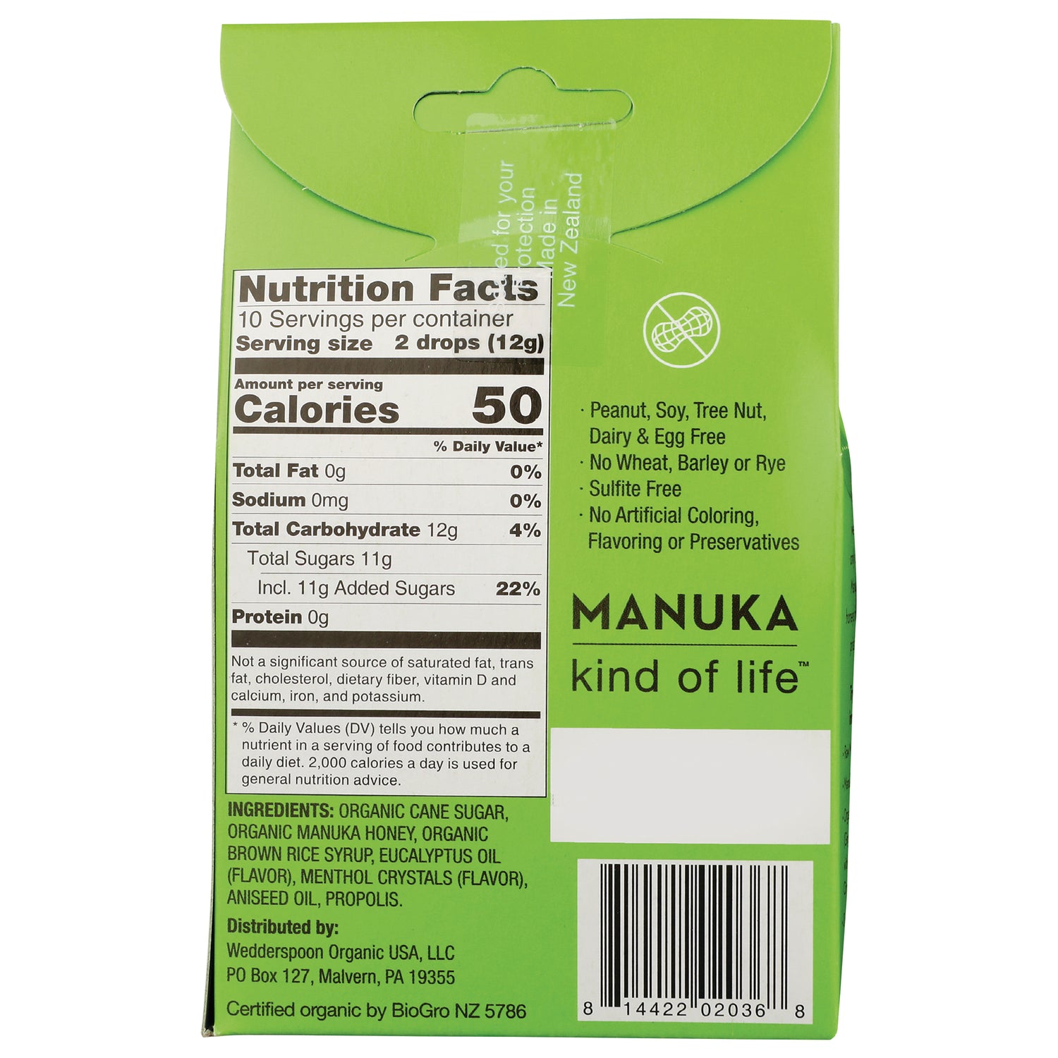 WED027 | Back panel with Nutrition Facts, ingredients, barcode, and MANUKA kind of life text