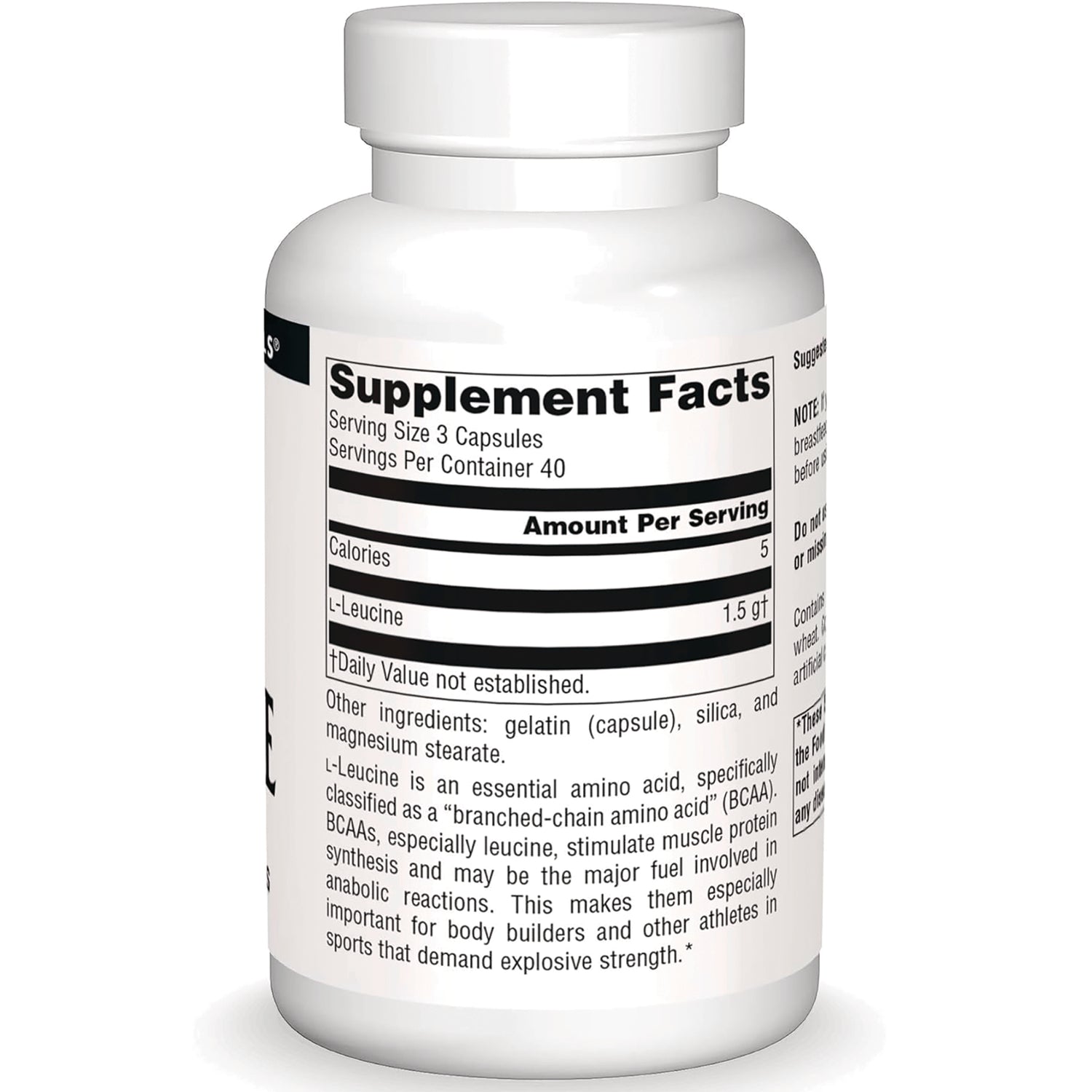 SN774 | Back label showing Supplement Facts for L-Leucine capsules