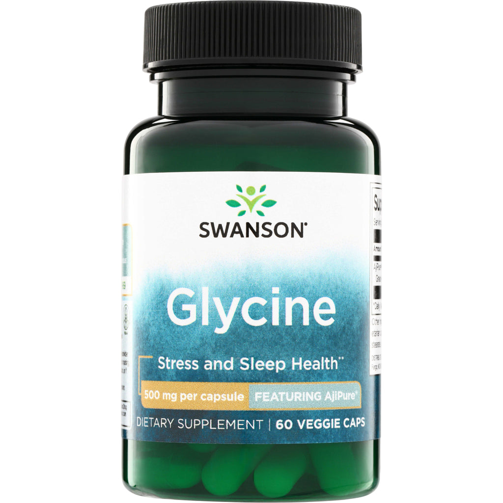 SWU509 | Swanson Glycine supplement bottle, 500 mg per capsule, 60 veggie caps, Stress and Sleep Health, Featuring AjiPure - Thumbnail