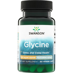 SWU509 | Swanson Glycine supplement bottle, 500 mg per capsule, 60 veggie caps, Stress and Sleep Health, Featuring AjiPure