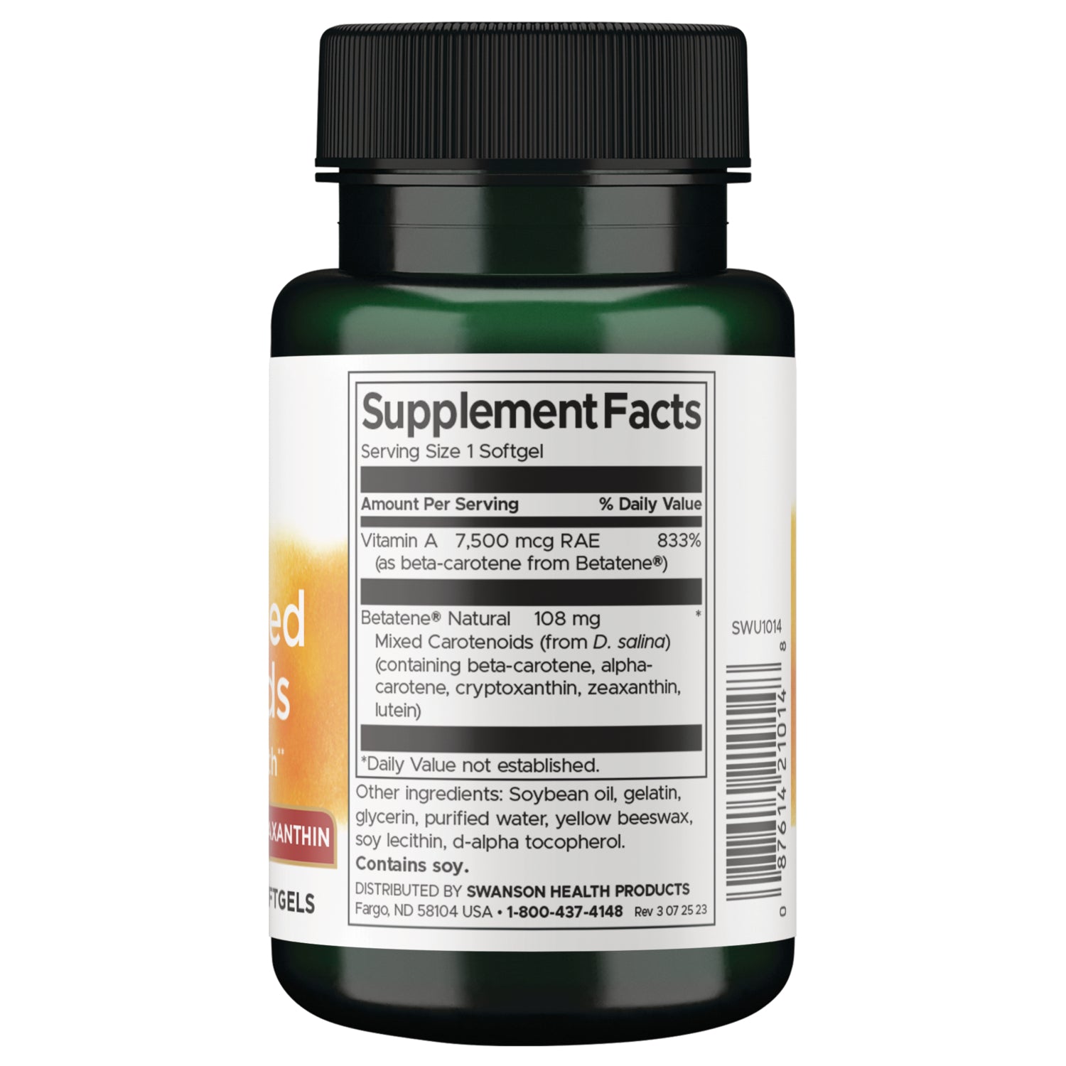 SWU1014 | Back label with supplement facts and serving informationRed oval softgel shown next to centimeter and inch rulers for size reference