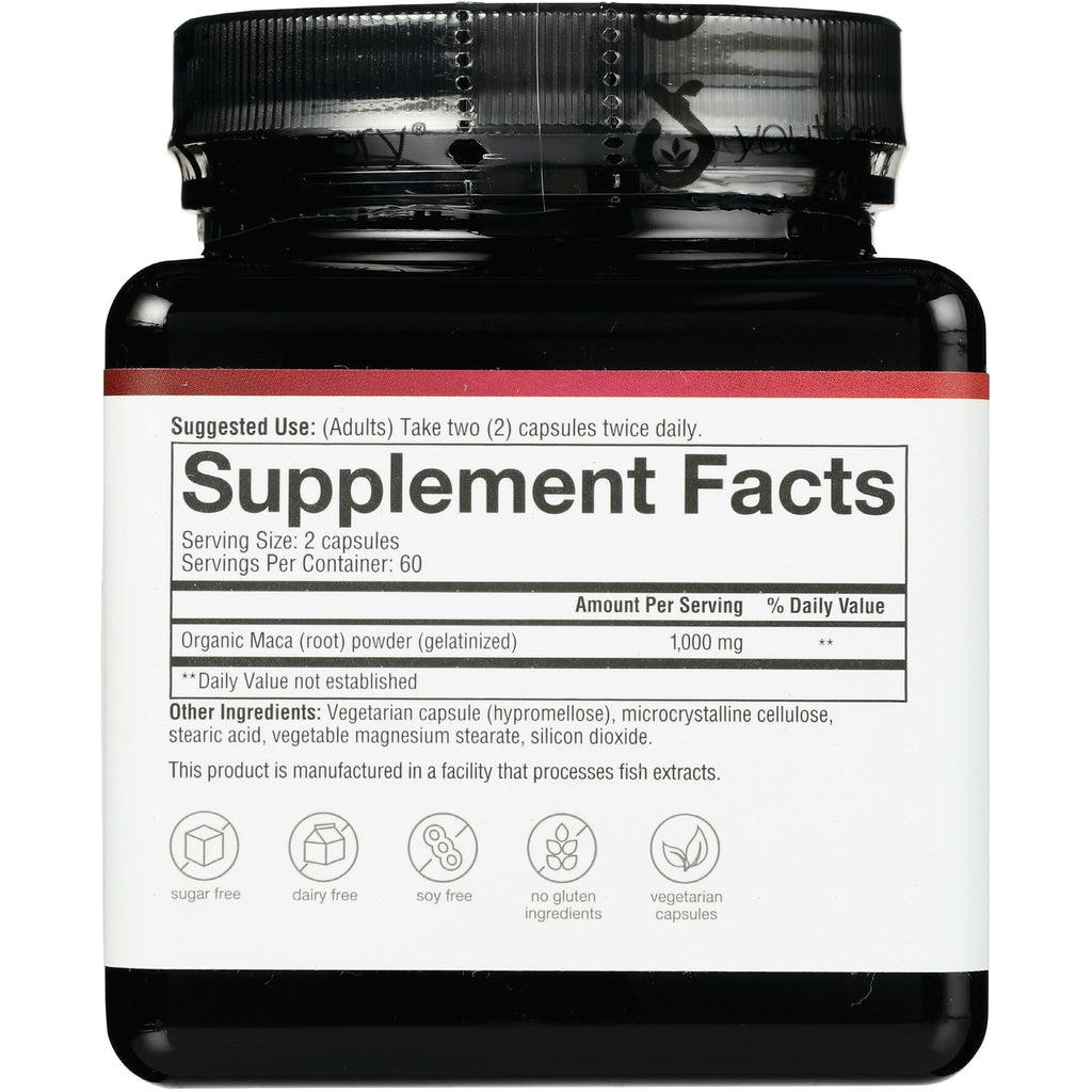 YOU011 | Back label with Supplement Facts: Organic Maca 1,000 mg, serving size 2 capsules, 60 servings - Thumbnail