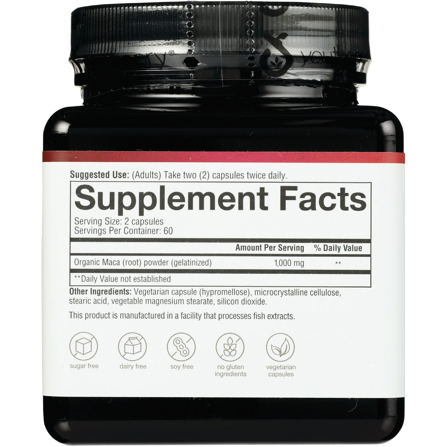 YOU011 | Back label with Supplement Facts: Organic Maca 1,000 mg, serving size 2 capsules, 60 servings