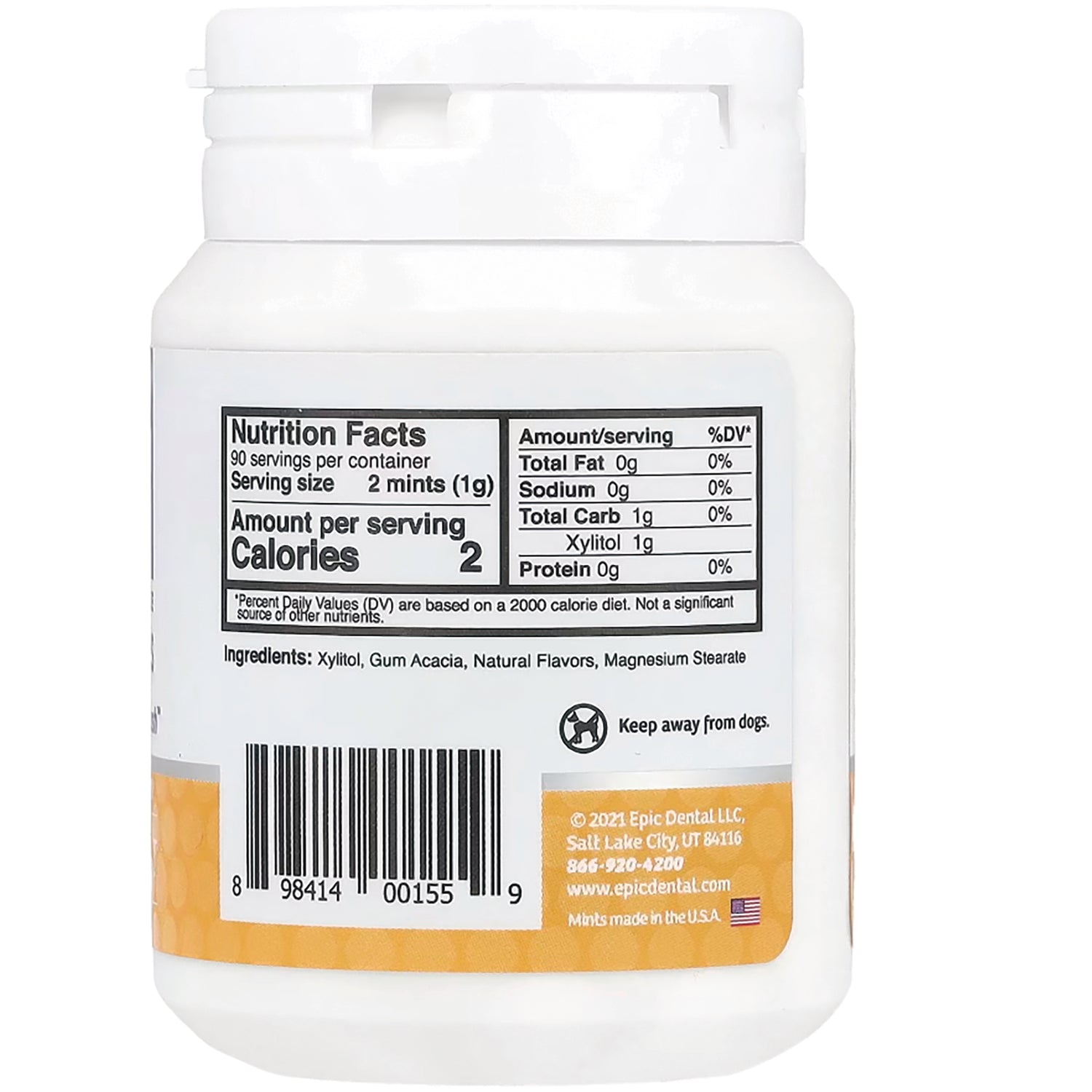EPI009 | Back label showing Nutrition Facts panel, ingredients list, barcode and keep away from dogs warning on white bottle