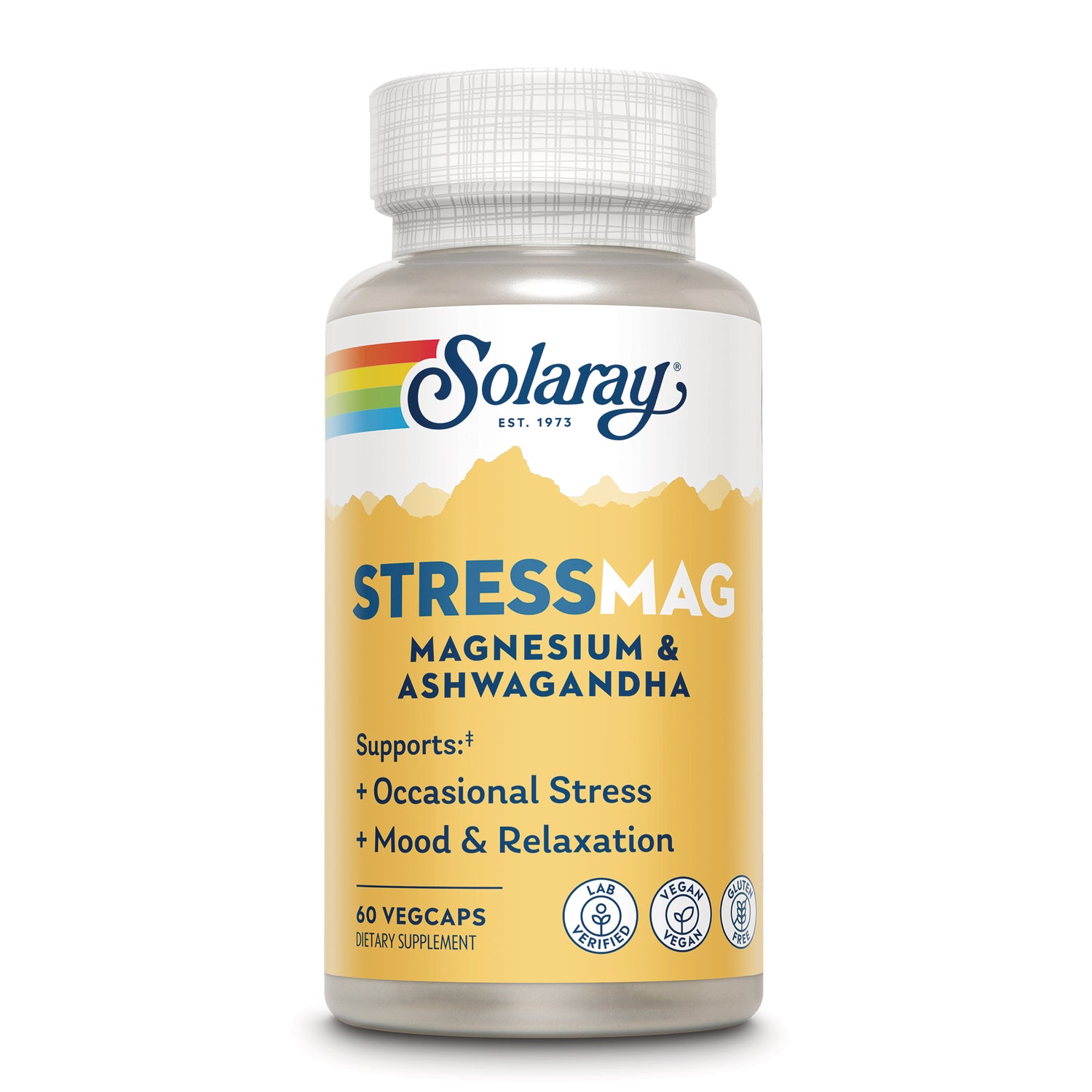 SLR551 | Solaray StressMag Magnesium & Ashwagandha dietary supplement bottle, 60 vegcaps