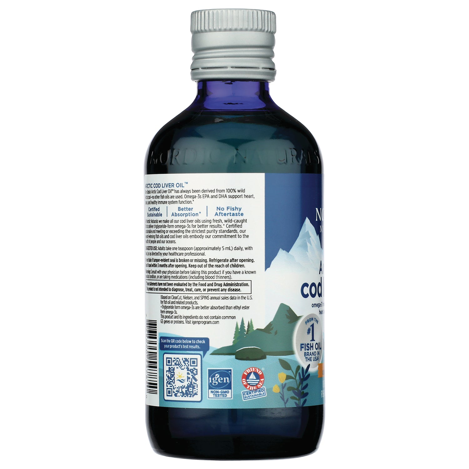 NRN073 | back label of dark blue cod liver oil bottle showing ingredients panel, QR code, and certifications