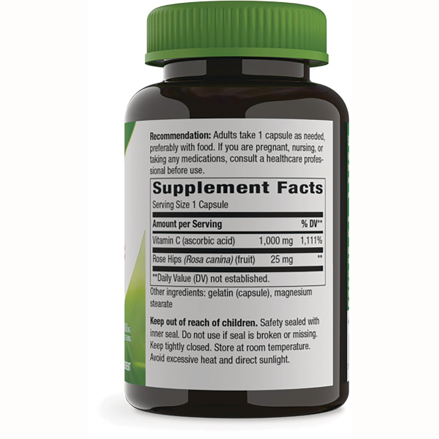 NW693 | Back label of supplement bottle showing Supplement Facts, Serving Size 1 Capsule and Vitamin C 1,000 mg