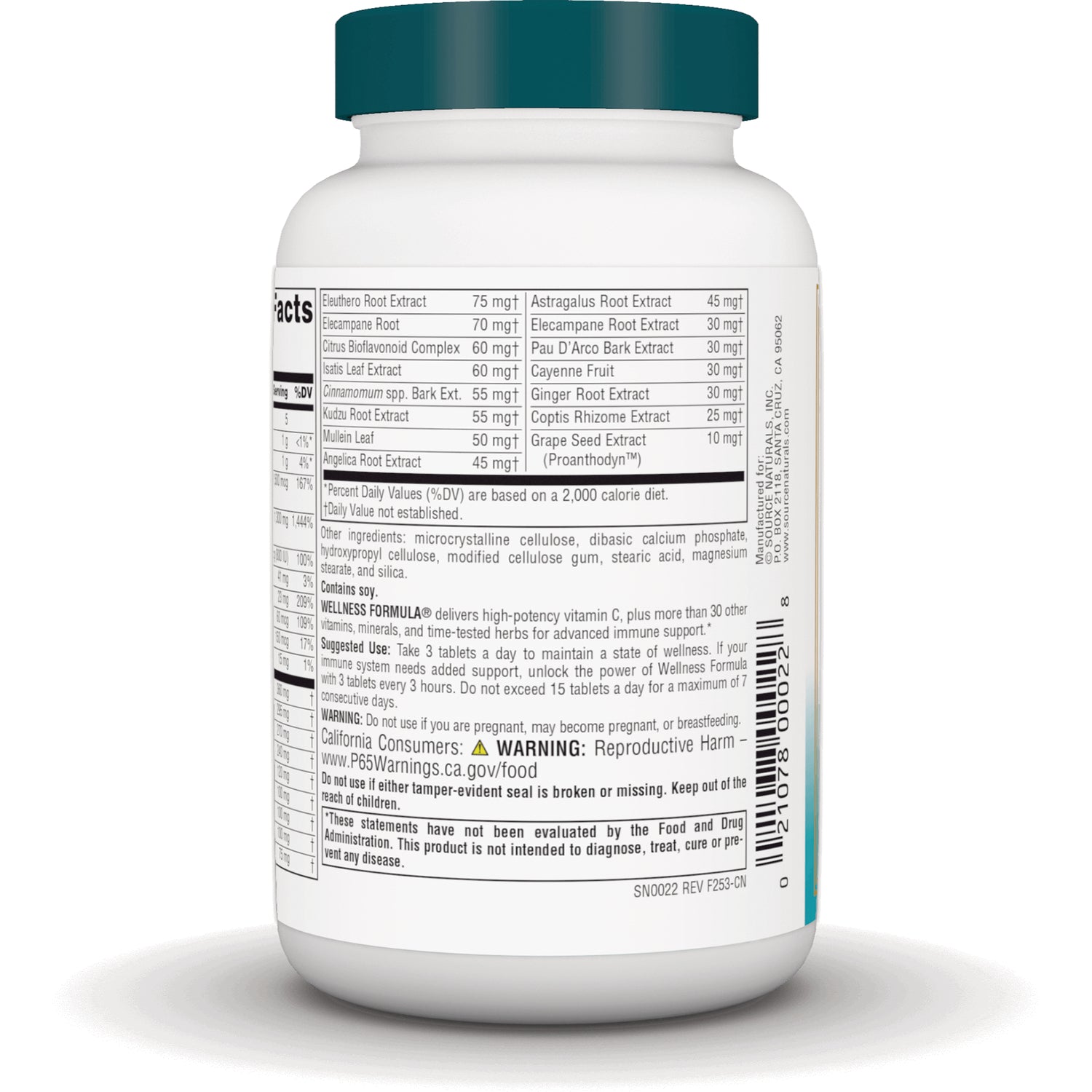 SN145 | back label showing supplement facts, ingredient list, warnings and barcode on white bottle