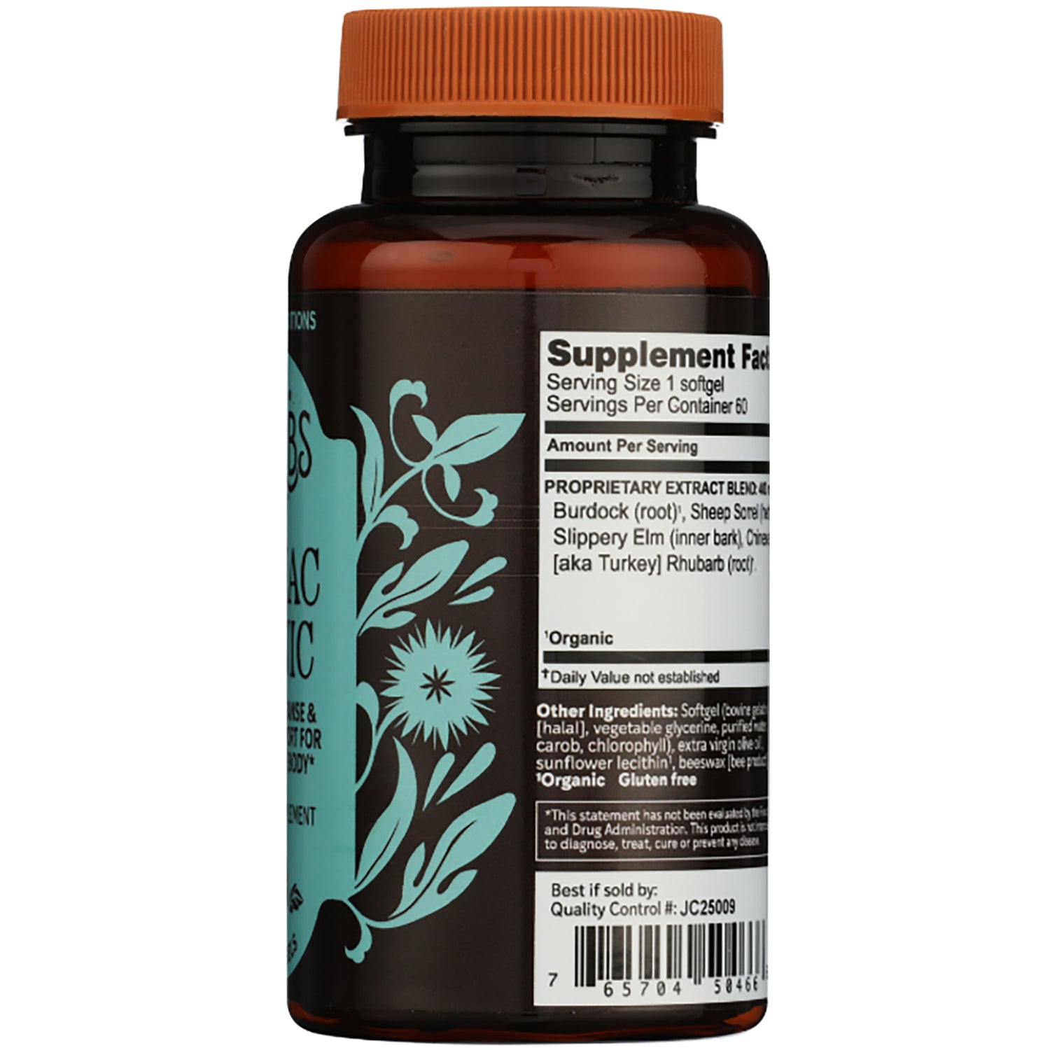 HE107 | back of brown supplement bottle showing Supplement Facts panel, ingredients list, and Herbs Etc logo