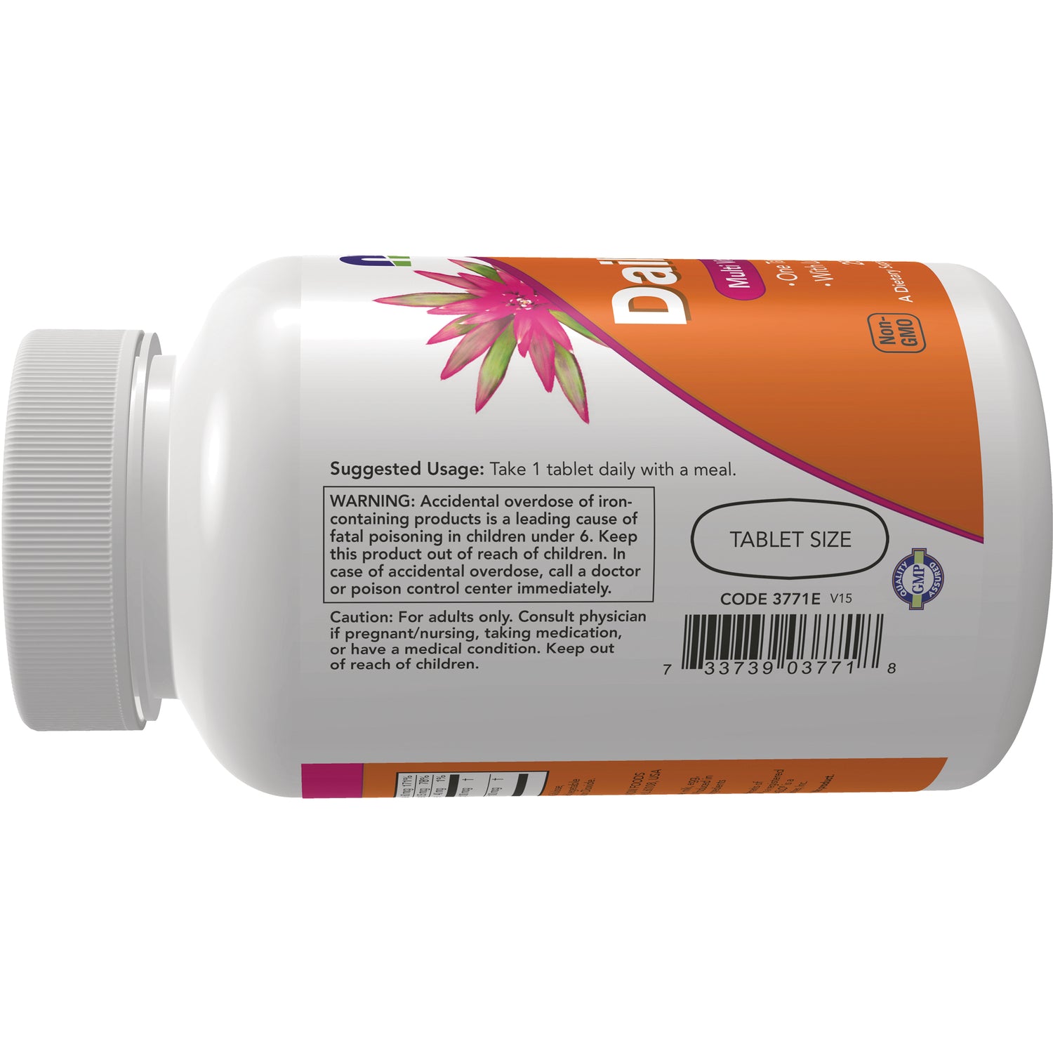 NWF669 | Back of white supplement bottle label showing suggested usage, warning box, barcode, and tablet size