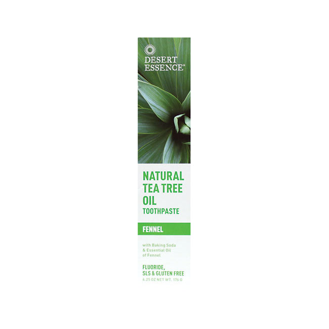 DESERT ESSENCE NATURAL TEA TREE OIL TOOTHPASTE FENNEL box front